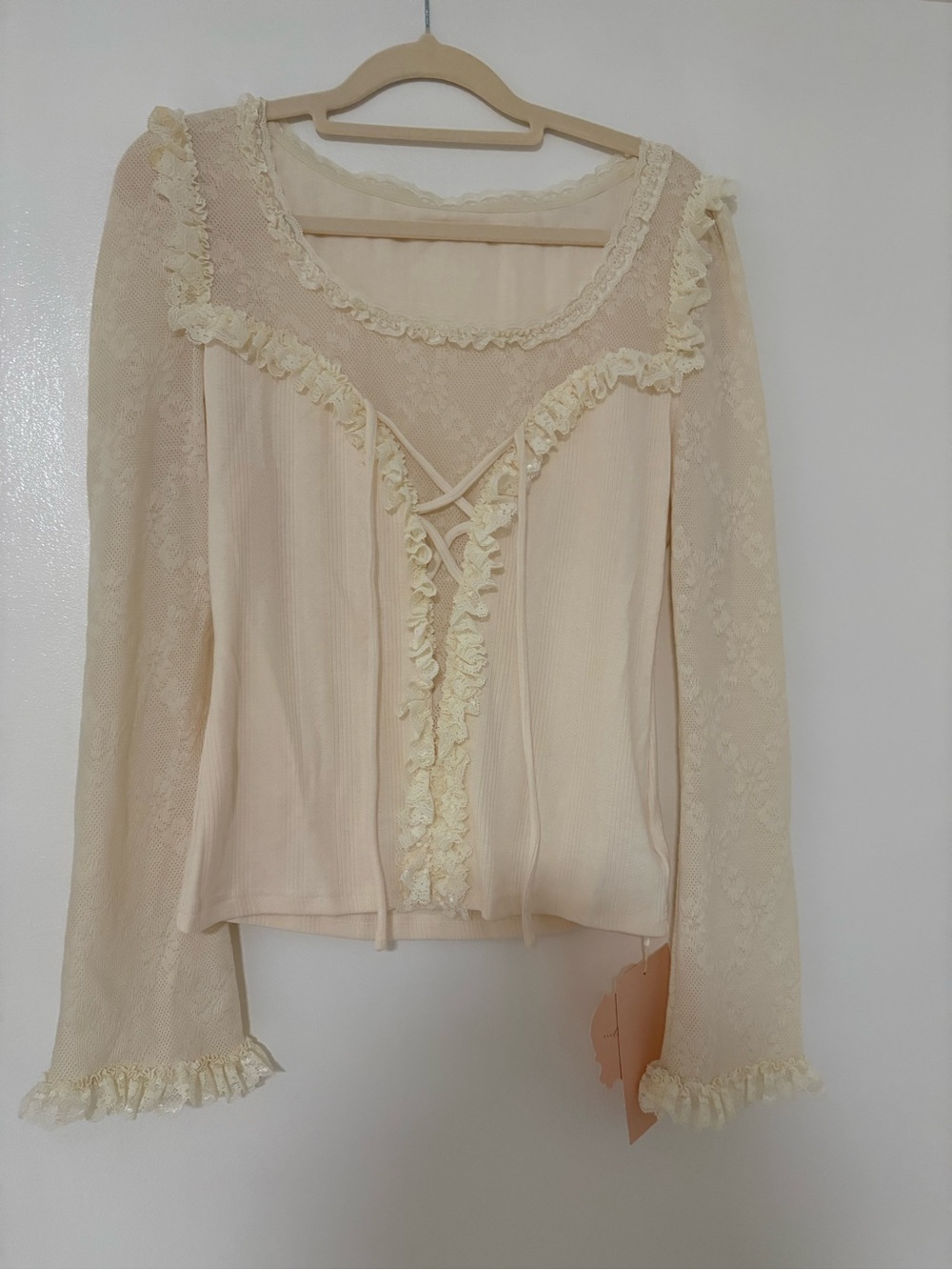 Lacemade Feminine Cream Lace-Trimmed Long Sleeve Cardigan